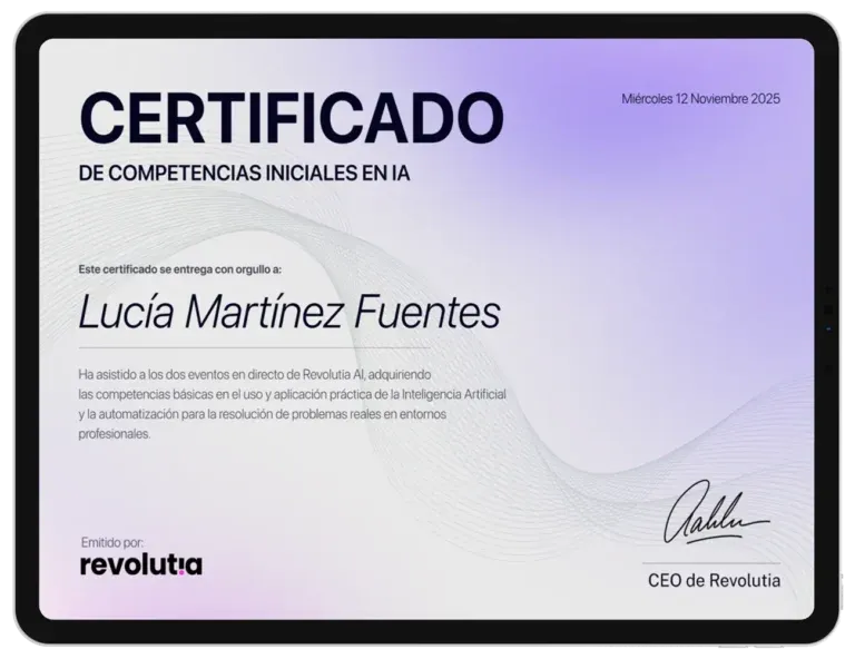 Certificado oficial de Revolutia Live por competencias iniciales en IA